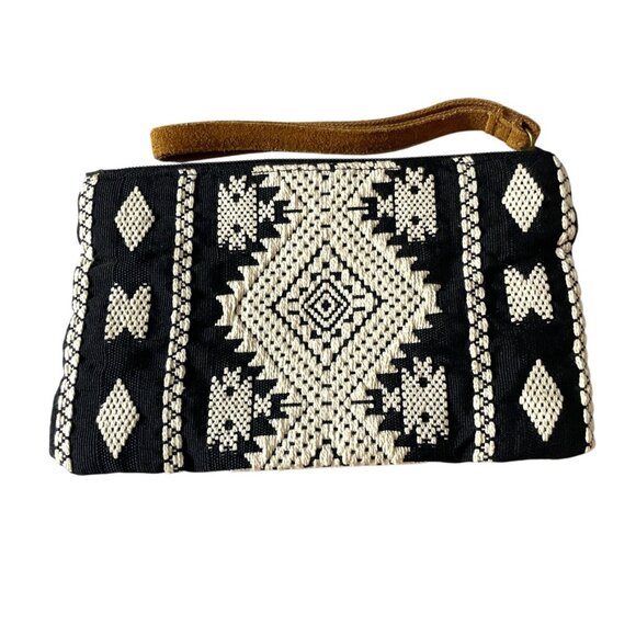 KATYDID Boho Wristlet Clutch Black, White & Gold Geometric Pattern Leather Strap - Picture 2 of 6